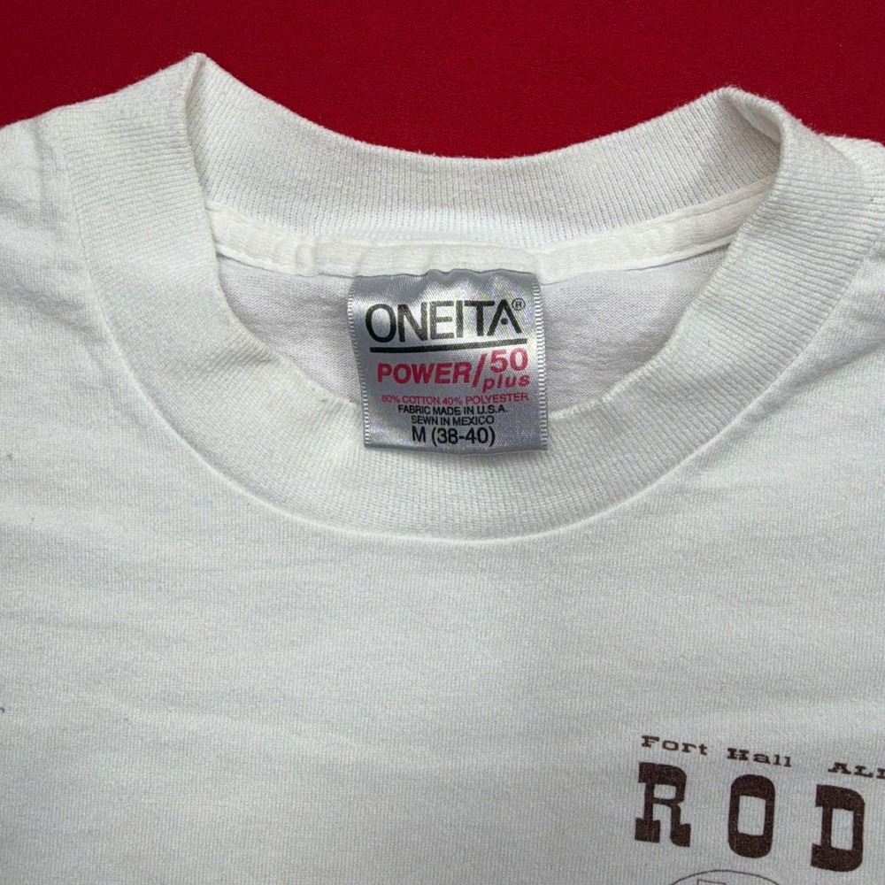 Vintage 90s Fort Hall All Indian Rodeo T-Shirt 1995 Oneita Single Stitch White M - Picture 3 of 8